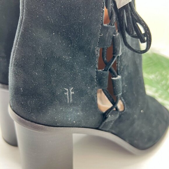 Frye Amy Side Ghillie Black Suede Leather Open Toe Ankle Boots Size 9M NWB - Picture 5 of 13